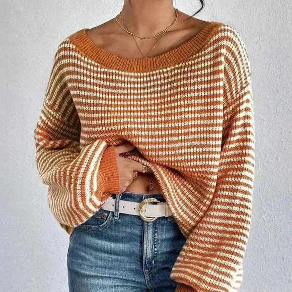 Orange Casual Women's Contrast Striped Print Off-Shoulder Long Sleeve Sweater - Picture 4 of 7